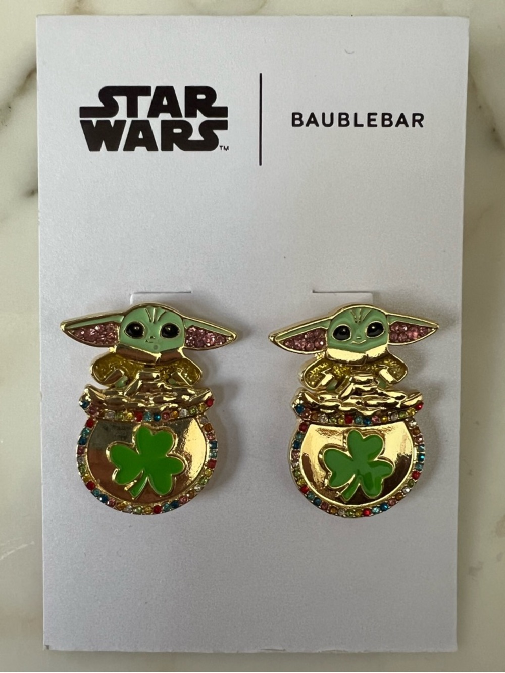 Disney BaubleBar Star Wars Grogu St Patrick’s Day Shamrock Pot of Gold Earrings